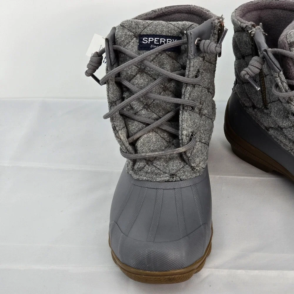 Sperry Quilted Duck Boots‎ Gray Zip Lace Up Waterproof Winter Women 5 NWOB
